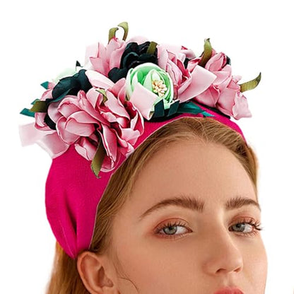 Boho Wide Headbands for Women Handmade Dazzling Floral Flowers Hairbands Red Crystal Embellished Hair Band Retro Hairbands Festivals Photo Props (Red) - color: Red
