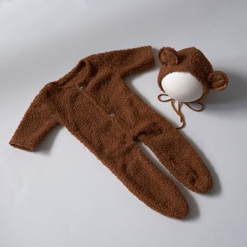 Zeroest Newborn Photography Props Boy Outfits Bear Baby Girl Photo Props Outfits Hat Footed Romper Sleeved Set for Photoshoot - color: Camel