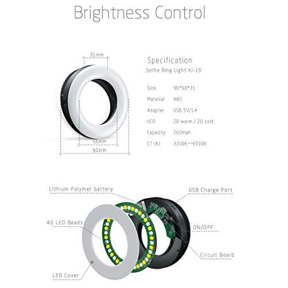 XINBAOHONG Selfie Ring Light Rechargeable Portable Clip-on Selfie Fill Light with 40 LED for Smart Phone Photography, Camera Video, Girl