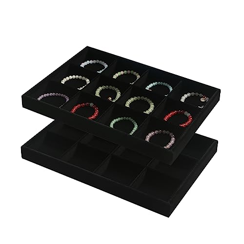 Coward 2PC Black Velvet Stackable 12 Grids Jewelry Organizer Tray Bracelet Display Stand for Selling Velvet Necklace Holder Earring Box Storage (12grid+12grid) - color: Black Velvet, size: 12Grids+12Grids