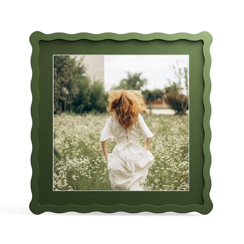 12x12 Picture Frame with Mat for 10x10, Wavy Edge Wooden Real Glass Photo Frame for Wall Hanging, Green, 1 Pack - color: Green, size: 12x12 in