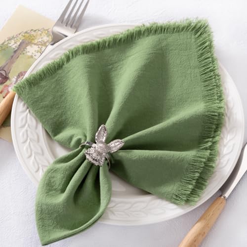 DeZerlor 6 Pack Sage Green Cotton Linen Napkins with Fringe Summer Cloth Napkins Set of 6 Boho Handmade Dinner Napkins Bulk for Wedding Bridal Baby Shower Parties, 17 x 17 Inches - color: Sage Green, size: 17" x 17" (Set of 6)