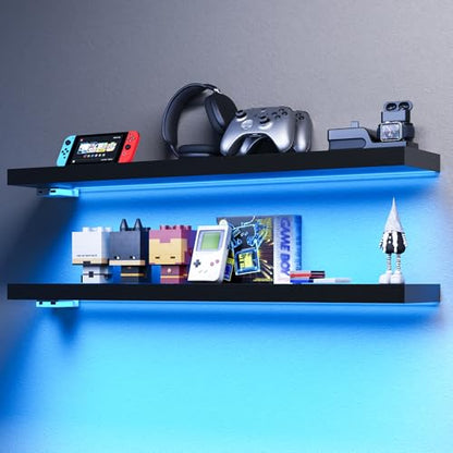 BAMEOS Floating Shelves with RGB LED, 31" Wall Mounted Wooden Shelves with Invisible Brackets, Set of 2, Hanging Wall Shelves for Bedroom, Bathroom, Living Room and Kitchen (Black) - color: Black-rgb, size: 31 x 7