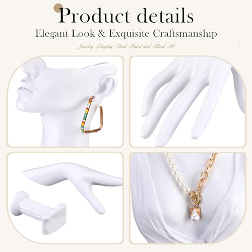 Yalikop 2 Pcs Jewelry Mannequin Display Set Necklace Bust Mannequin Earring Stand Hand Bracelet Ring Stand for Selling Show - color: White