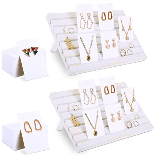 Marsui 62 Pcs Wood Earring Display Stand Earring Card Display 2 Sets of Holder with Cards Jewelry Stands for Selling - color: White