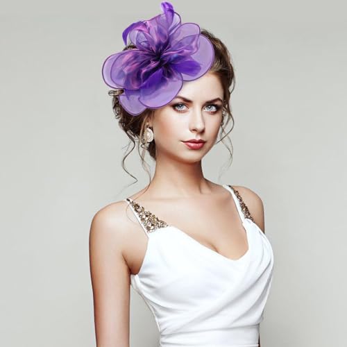 Fascinators Hats with Gloves Set for Women 20s 50s Cocktail Tea Party Wedding Costume Headwear - color: 03-purple