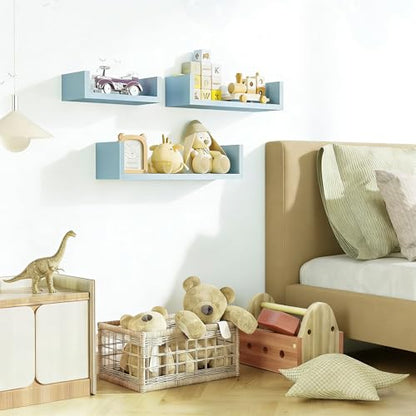 SRIWATANA Floating U Shelves Wall Mounted, Solid Wood Wall Shelves Set of 3 (Blue) - color: Blue
