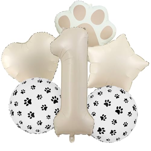 1st Birthday Dog Paw Balloons Set,18'' Paw Prints, Heart,Star,Paw Shaped Foil Balloon 40 Inch Cream Number 1 Helium balloons for Puppy Themed Baby Shower First Birthday Party Decorations Supplies 6PCS - color: Cream-1