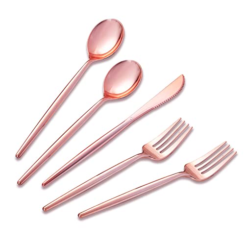 SUT 150Pcs Rose Gold Plastic Silverware, Disposable Cutlery Set, Heavy Duty Plastic Flatware Set，Disposable Rose Gold Utensils Include 50 Forks,50 Spoons, 50 Knives Perfect for Party - style: Rose gold