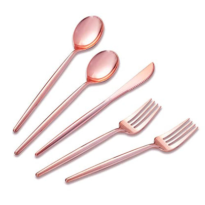 SUT 150Pcs Rose Gold Plastic Silverware, Disposable Cutlery Set, Heavy Duty Plastic Flatware Set，Disposable Rose Gold Utensils Include 50 Forks,50 Spoons, 50 Knives Perfect for Party - style: Rose gold