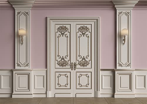 BELECO 12x8ft Fabric Vintage Room Classic Interior Pink White Wall Backdrop European Frame Castle House French Door Elegant Living Room Background Birthday Wedding Artistic Portrait Photo Props - size: 12x8FT