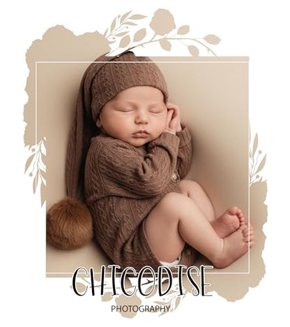Newborn Photography Props, Infant Photoshoot Outfit Romper & Pom Pom Hat for Baby Boys Girls - color: Coffee