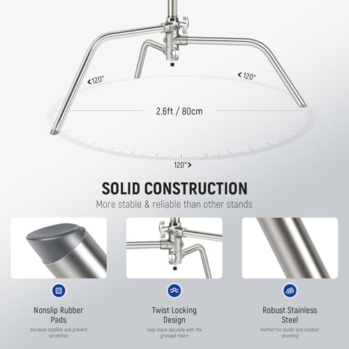 NEEWER Basics 100% Stainless Steel Heavy Duty C Stand with Boom Arm, Max 10.5ft/320cm Photography Light Stand, 4.2ft/128cm Holding, 2 Grip Heads for Studio Monolight Softbox Reflector, SC320 Lite