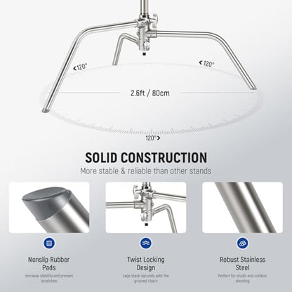 NEEWER Basics 100% Stainless Steel Heavy Duty C Stand with Boom Arm, Max 10.5ft/320cm Photography Light Stand, 4.2ft/128cm Holding, 2 Grip Heads for Studio Monolight Softbox Reflector, SC320 Lite