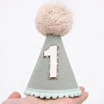 Neutral 1st Birthday Party Hat - Simple First Cone Hat, One Birthday Decoration Photo Props - color: Sage Green