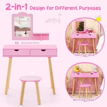 Costzon Kids Vanity Set, Girls Vanity Set with Mirror and Stool, 2 Large Drawers, Storage Shelf, Wooden Princess Makeup Dressing Table, Vanity Table and Chair Set for Toddlers (Pink) - style: Pink with Square Mirror
