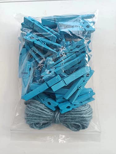 1.9" Wooden Clothespins Hanging Clothes Pins Clip Photo Holder DIY Gift Festive Party Decor with Bright Blue Jute Twine Pack 50 - color: 50pcs (2 Inch) Light Blue + Jute Twine