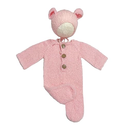 2Pcs Newborn Photography Props Boy Photo Posing Outfits Baby Photoshoots Girl Crochet Bear Hat Romper - color: Pink