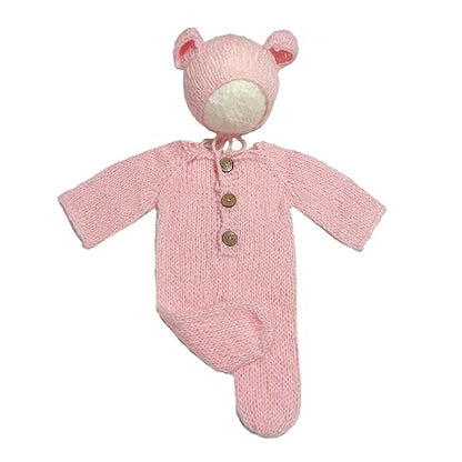 2Pcs Newborn Photography Props Boy Photo Posing Outfits Baby Photoshoots Girl Crochet Bear Hat Romper - color: Pink