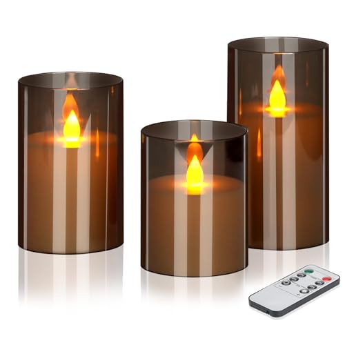 wemarry Flameless Candles 4" 5" 6" Acrylic Glass Pillars 3" Diameter Battery Operated Flickering Candles Include 8-Key Remote with Timer Function 400+ Hours (Gray, Warm Light 3 Pack) - color: Gray, size: Warm Light 3 Pack