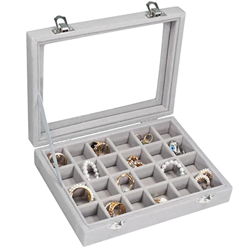 Vicoter Velvet Jewelry Box 24 Grid Jewelry Ring Display Organiser Box Tray Holder Earrings Storage Case for Girls Wife Mom Women (Gray) - color: Gray