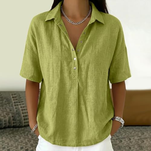Cotton Linen Shirts for Women 2026 Summer Gauze Shirts Button Down V Neck Half Sleeve Blouses Dressy Casual Clothes - color: Green, size: X-Large