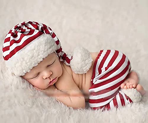 Christmas Newborn Baby Photo Shoot Props Outfits Crochet Clothes Santa Claus Red Hat Pants Photography Props - color: Red and Off-white