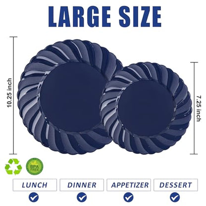 U-QE 60 Pcs Blue Plastic Plates for Party – Scalloped Blue Plates Disposable Heavy Duty – Include 30 10.25" Dinner & 30 7.25" Dessert Plate - Perfect for Parties, Weddings - color: Blue