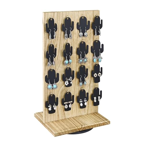Ikee Design Wooden Rotating Two-Sided Jewelry Display Stand, Rotating Organizer with 32 Hooks for Store, Earring Keychain Display with Hooks, Oak color, 9 W x 7.5 D x 16.5 H in - color: Oak, 1 Piece, Standard Hook