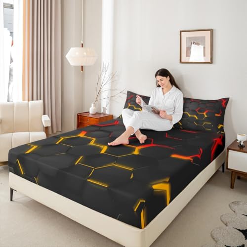 Manfei Honeycomb Fitted Sheet Twin Size, Geometric Hexagon Bedding Set, Abstract Red Yellow Bed Cover with 1 Pillowcase, Kids Girls Room Decor, Soft Polyester Bedding(No Top Sheet) - color: Black Red Yellow, size: TWIN (W39*L75*H16")