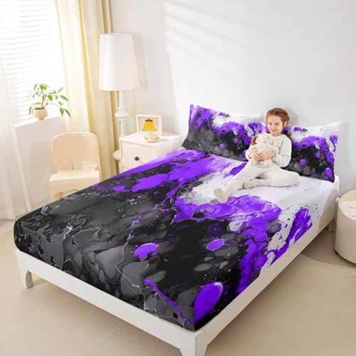 Abstract Art Fitted Sheet Purple Full Size Bed Sheets | Ombre Marble Texture Ink Fluid Art Gradient Black Marbling Bedding Set - color: Purple, size: Full
