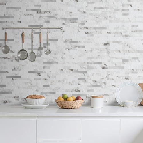 DICOFUN 20 Sheets White Marble Peel and Stick Backsplash Tile, Faux Stone PVC Mixed Metal Stick on Backsplash Kitchen Wall Tiles - color: White Marble + Metal Silver, size: 20 Sheets, 6’’x12’’x0.12’’