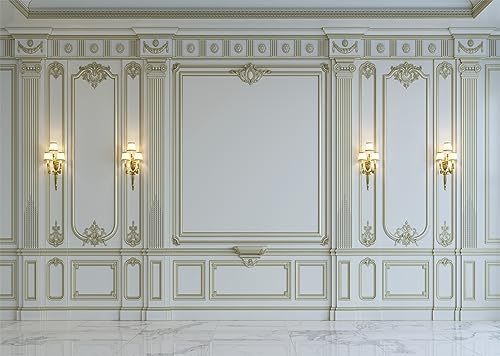 BELECO 7x5ft Fabric Vintage Living Room Backdrop Classic White Wall Interior European Frame Castle Wall Photography Background Empty Living Room Wallpaper Birthday Party Decoration Photo Studio Prop - size: 7x5FT