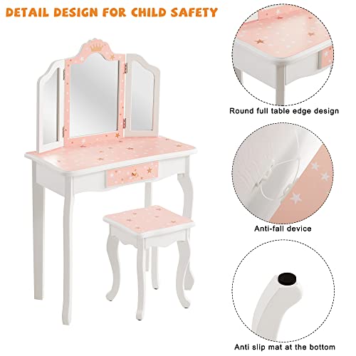 Nromant Kids Vanity Table and Chair Set, Girls Vanity Set with Stool, Tri-Folding Mirror, Dressing Table with Drawer for Little Girls (Pink) - color: Pink