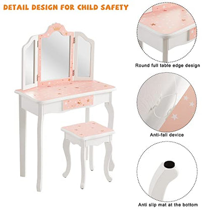 Nromant Kids Vanity Table and Chair Set, Girls Vanity Set with Stool, Tri-Folding Mirror, Dressing Table with Drawer for Little Girls (Pink) - color: Pink