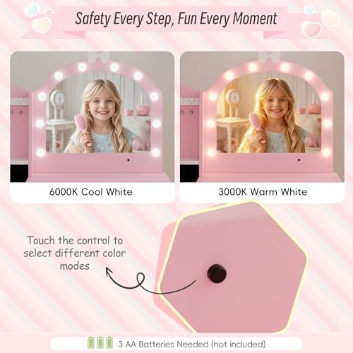 Girls Vanity Table and Chair Set, Kids Vanity with Jewelry Organizer for Princess, Toddler Makeup Vanity Desk with Open Shelf, Closed Cabinet and Butterfly Pattern, Pink - color: Pink