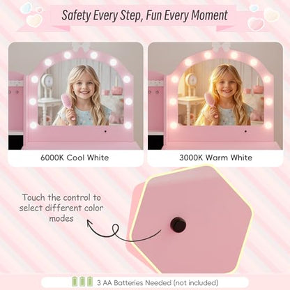 Girls Vanity Table and Chair Set, Kids Vanity with Jewelry Organizer for Princess, Toddler Makeup Vanity Desk with Open Shelf, Closed Cabinet and Butterfly Pattern, Pink - color: Pink