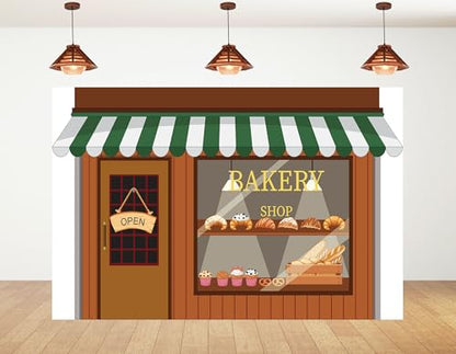 6x6ft Cartoon Bakery Shop Front Backdrop Green White Awning Pastry Display Photography Background Bright Cheerful Baking Party Home Decor Photo Booth Decorations Banner Photo Studio Props - size: 6x6ft