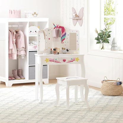 Spirich Kids Vanity, Girls Vanity Set with Mirror and Stool and Lights, Kids Vanity Table and Chair Set, Wooden Princess Makeup Desk Dressing Table - size: Unicorn and Rainbow