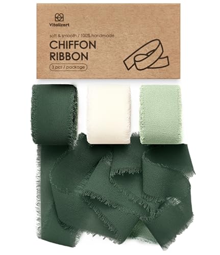 Vitalizart Cream & Green Chiffon Silk Ribbon 1" x 21 Yd Fringe Fabric Package (3 Rolls * 7 Yd) for Wedding Invitations Bridal Bouquets Decorations Gifts Wrapping & Bow Making - color: Cream & Green