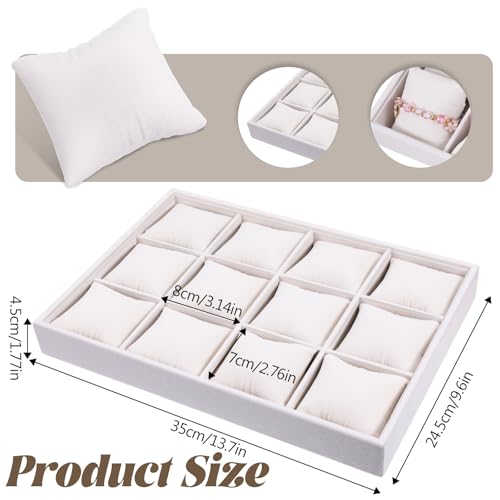 2 Pcs Velvet Watch Tray, 12 Grid Jewelry Organizer Stackable Tray Watch Bracelet Bangle Display Holder with Adjustable Pillows for Woman Man (Beige)