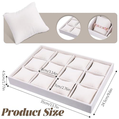2 Pcs Velvet Watch Tray, 12 Grid Jewelry Organizer Stackable Tray Watch Bracelet Bangle Display Holder with Adjustable Pillows for Woman Man (Beige)