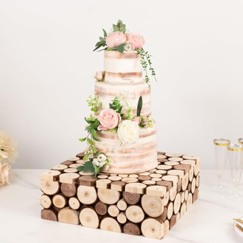 Efavormart 14x14 inch Natural Wooden Slices Square Dessert Stand, Compact Rustic Farmhouse Pedestal Riser with Hollow Bottom for Intimate Celebrations - size: 14"