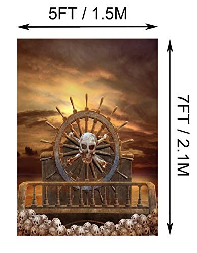 BELECO 5x7ft Fabric Pirate Ship Halloween Backdrop Pirate Decorations for Adult Party Pirate Steering Wheel with Skulls Corsair Boat Photography Backdrop for Pirate Theme Birthday Photoshoot Props - size: 5x7FT