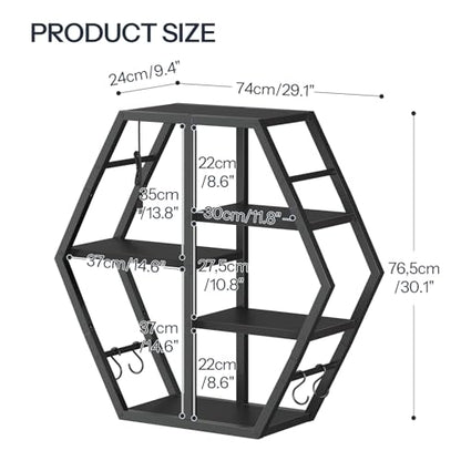 HOOBRO Gaming Floating Shelves with LED Lights, Gaming Wall Mounted Shelf, Hexagonal Display Rack for Wall Storage, Floating Rack with 4 S-Hooks, for Gaming Room, Black BB76DBJ01