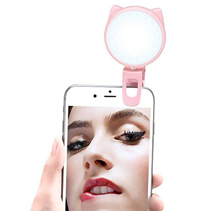 OURRY Selfie Clip on Ring Light, Mini Rechargeable 9 Level Adjustable Brightness Modes with 32 LED, 2-8 Hours, USB Flash Lighting for iPhone/Android, Cell Phone Photography,Video, Vlogging - Pink