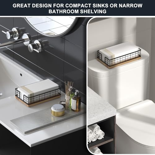 Wican Guest Towel Holder Tray for Bathroom, Acacia and Iron Napkins Holder for Powder Room Dinning Table Wooden Basket for Disposable Paper Hand Towels Black and Acacia - color: Black/Acacia, size: 9.06 x 5.51 x 2.56 inchs