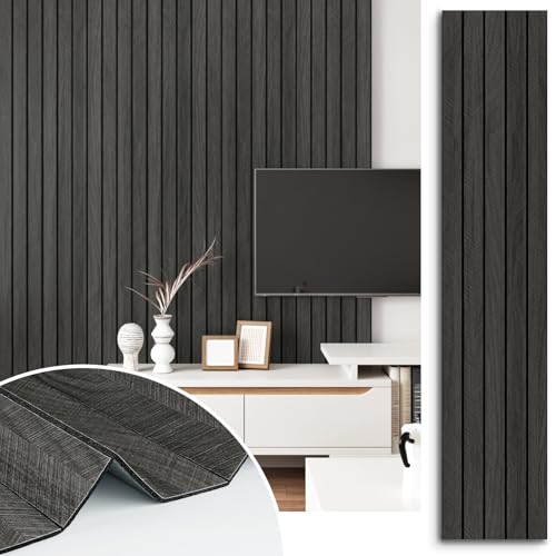 Self Adhesive Wood Slat Wall Paneling Grey/Black 3D Wood Panels for Wall Decor Soundproof Peel and Stick Wooden Grain Panel Wallpaper for Living Room Bedroom Dinner Office 11.8" x 118" - size: 11.8" x 118"