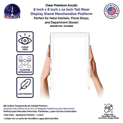 Marketing Holders 4 Pack Clear Acrylic Riser Display Stand 8" x 8" x 12" Merchandise Showcase One Piece Fixture Retail Stores and Boutiques Throne Tabletop Platform - size: 8"W x 8"D x 12"H