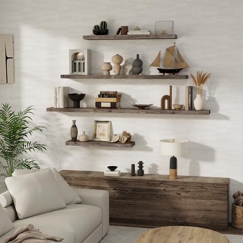 FLYJOE Solid Wood Floating Shelves, 8" Deep Rustic Reclaimed Barnwood Wall Hanging Floating Shelf with Invisible Heavy-Duty Metal Bracket | Wall Mounted | Farmhouse Style | 55 inches,1PC,Grey - color: Distressed Grey, size: 55inches-1p